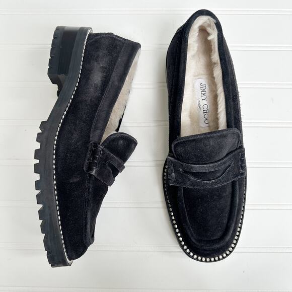 Jimmy Choo Deanna Shearling Lined Black Suede Crystal Loafers Slip On 37 - Picture 8 of 9
